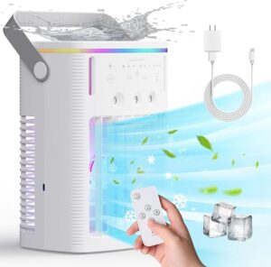 Mini ar condicionado portátil capacidade de água de 1600 ml, 3 velocidades ajustáveis do ventilador, sistema de resfriamento evaporativo, LED de 7 cores e função de temporizador (2_4_8H) - ideal para