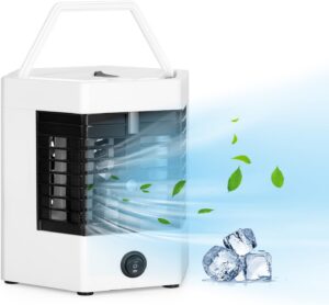 Mini ventilador de ar condicionado portátil pessoal evaporativo pequeno usb desktop ventilador de refrigeração de ar com caixa de gelo, 2 velocidades e alça para dormitório de escritório de carro